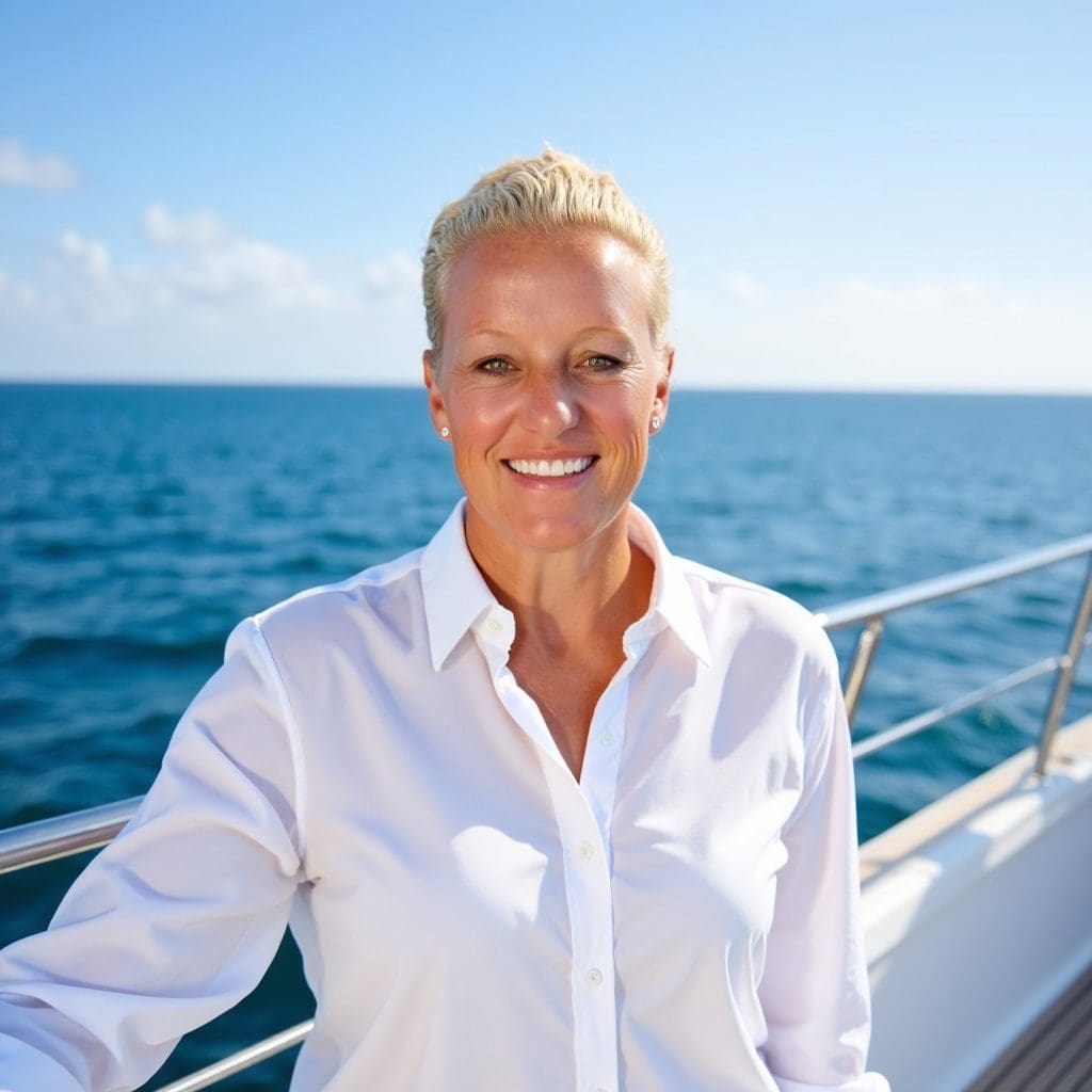 Smiling woman in white shirt on a boat with ocean background.