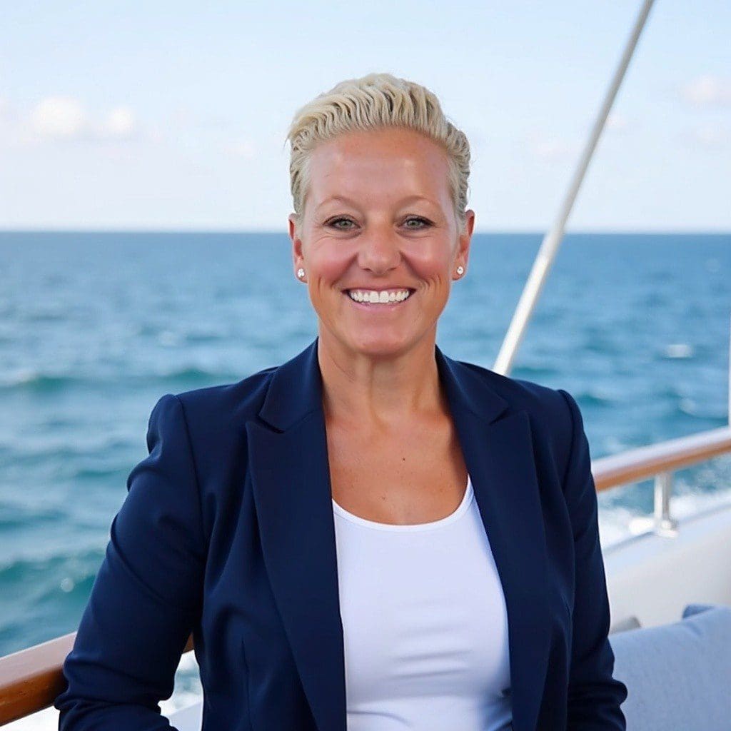 Smiling woman on a boat with ocean background.
