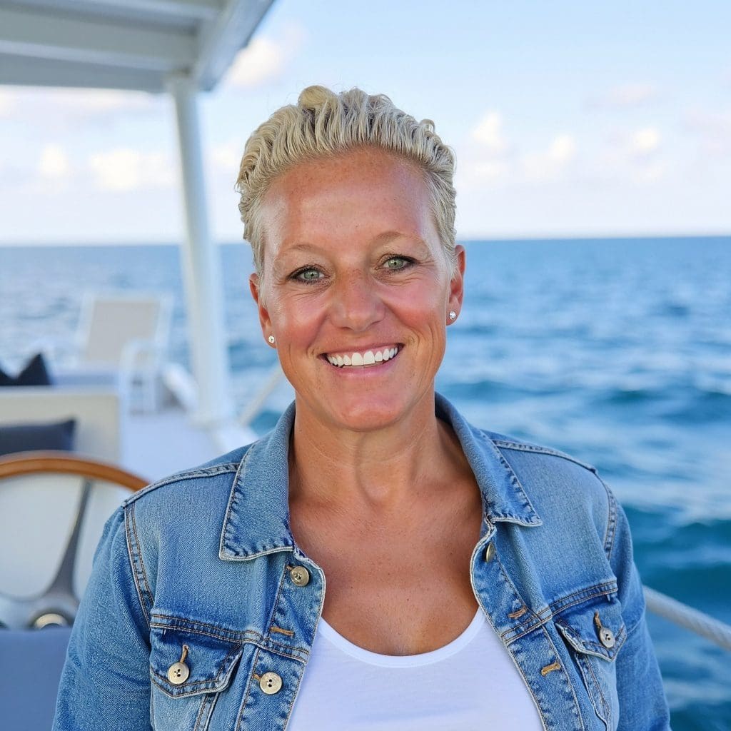 Smiling woman in a denim jacket on a boat with ocean background.