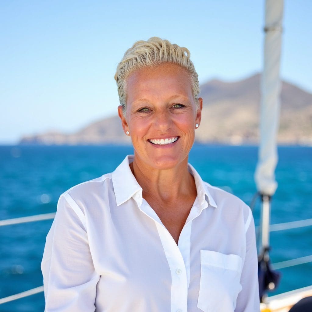 Smiling woman in white shirt on a boat with ocean and mountains in the background.